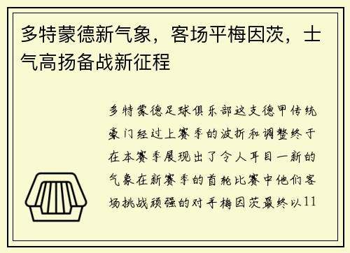 多特蒙德新气象，客场平梅因茨，士气高扬备战新征程